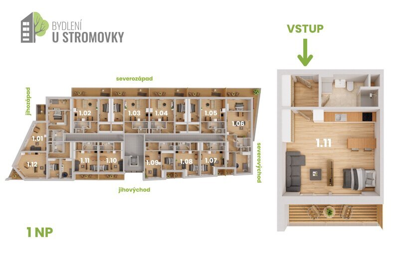 BYT 1.11 - dispozice 1+kk, 49 m2, lodžie směrem k Č. Budějovicím