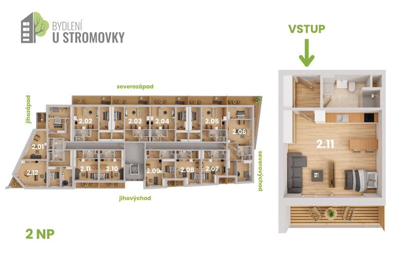 BYT 2.11 - dispozice 1+kk, 49 m2, lodžie směrem k Č. Budějovicím