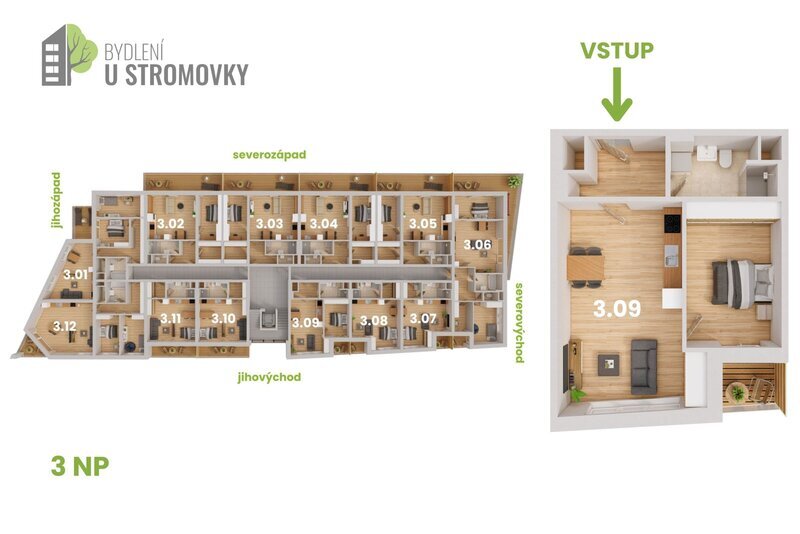 BYT 3.09 - dispozice 2+kk, 54 m2, lodžie směrem k Č. Budějovicím