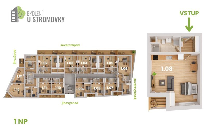 BYT 1.08 - dispozice 1+kk, 45 m2, lodžie směrem k Č. Budějovicím