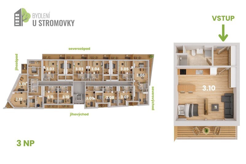 BYT 3.10 - dispozice 1+kk, 49 m2, lodžie směrem k Č. Budějovicím