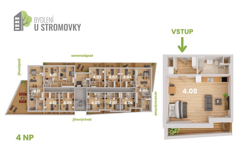 BYT 4.08 - dispozice 1+kk, 53 m2, terasa k Č. Budějovicím