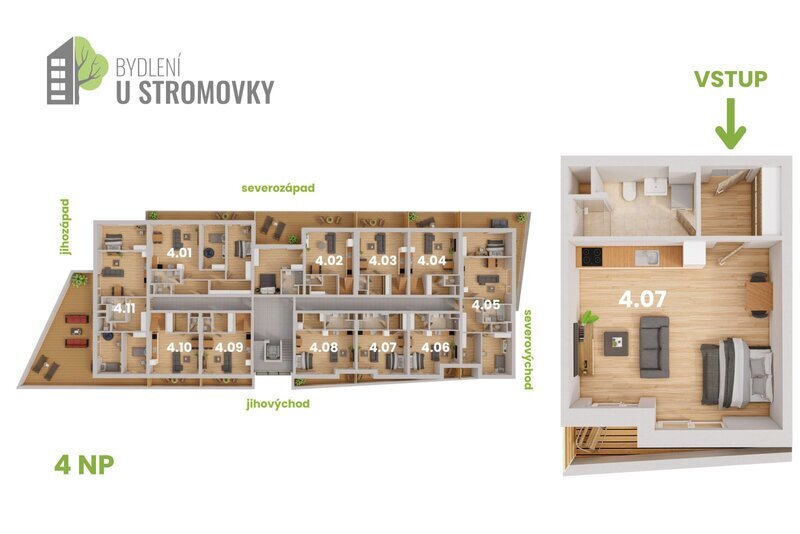 BYT 4.07 - dispozice 1+kk, 41 m2, terasa k Č. Budějovicím