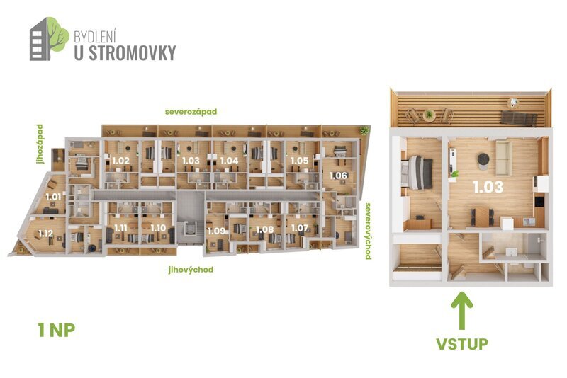 BYT 1.03 - dispozice 2+kk + šatna, 77 m2, balkon směrem ke Stromovce