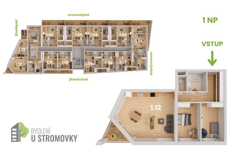 BYT 1.12 - dispozice 3+kk, 94 m2, lodžie směrem k zahrádkám a Č. Budějovicím