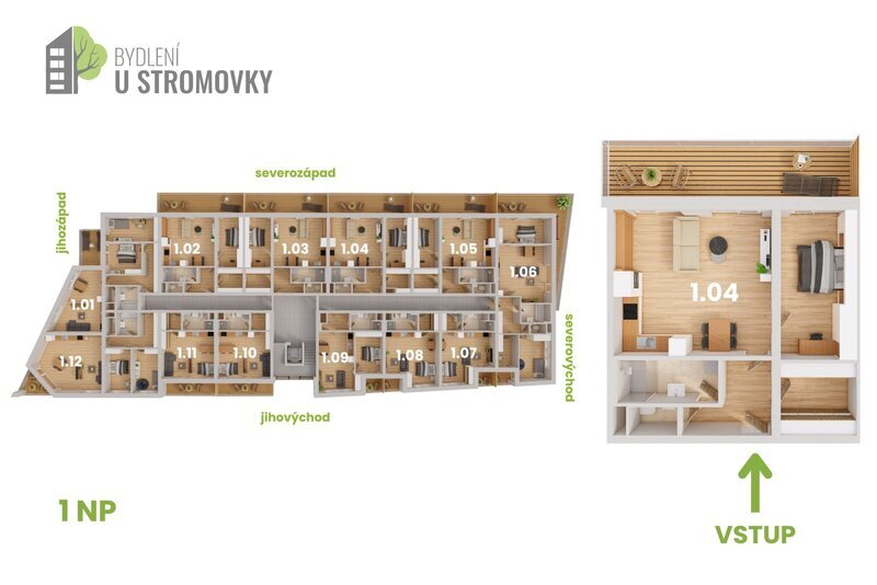BYT 1.04 - dispozice 2+kk + šatna, 76 m2, balkon směrem ke Stromovce