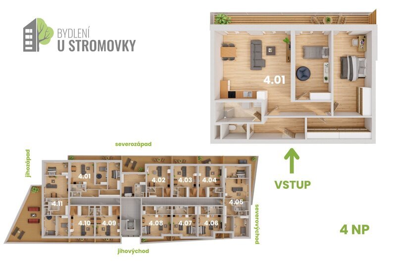 BYT 4.01 - dispozice 3+kk, 110 m2, terasa směrem ke Stromovce