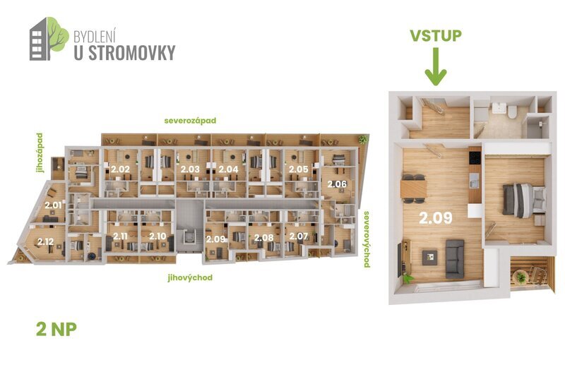 BYT 2.09 - dispozice 2+kk, 54 m2, lodžie směrem k Č. Budějovicím