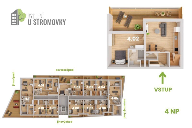 BYT 4.02 - dispozice 4+kk Mezonet, 143 m2, terasa směrem ke Stromovce