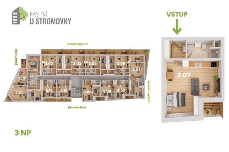 BYT 3.07 - dispozice 1+kk, 43 m2, lodžie směrem k Č. Budějovicím