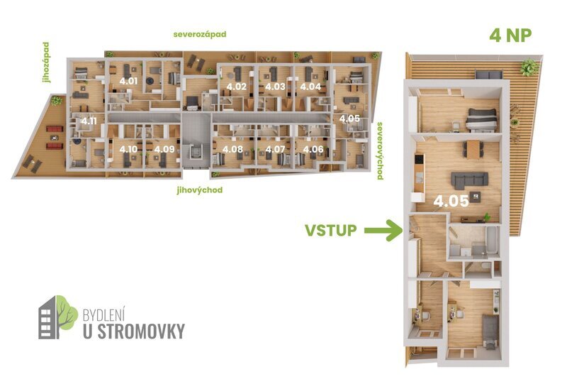 BYT 4.05 - dispozice 3+kk + pracovna, 118 m2, terasa směrem ke Stromovce + lodžie k Č. Budějovicím