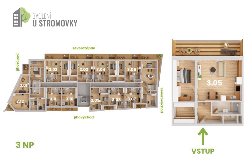 BYT 3.05 - dispozice 2+kk + šatna, 78 m2, balkon směrem ke stromovce