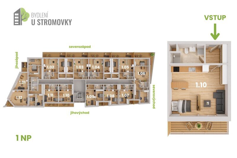 BYT 1.10 - dispozice 1+kk, 49 m2, lodžie směrem k Č. Budějovicím