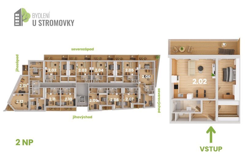 BYT 2.02 - dispozice 2+kk, 79 m2, balkon směrem ke Stromovce