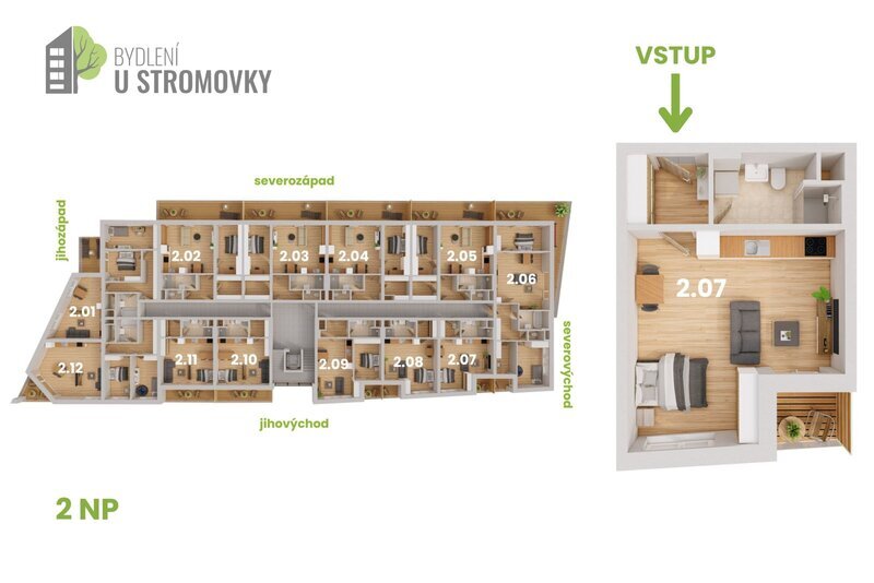 BYT 2.07 - dispozice 1+kk, 43 m2, lodžie směrem k Č. Budějovicím