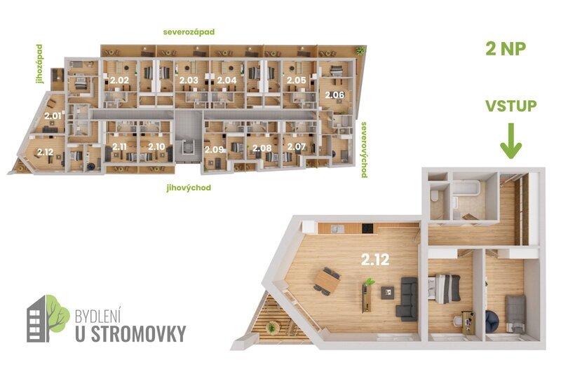 BYT 2.12 - dispozice 3+kk, 94 m2, lodžie směrem k zahrádkám a Č. Budějovicím