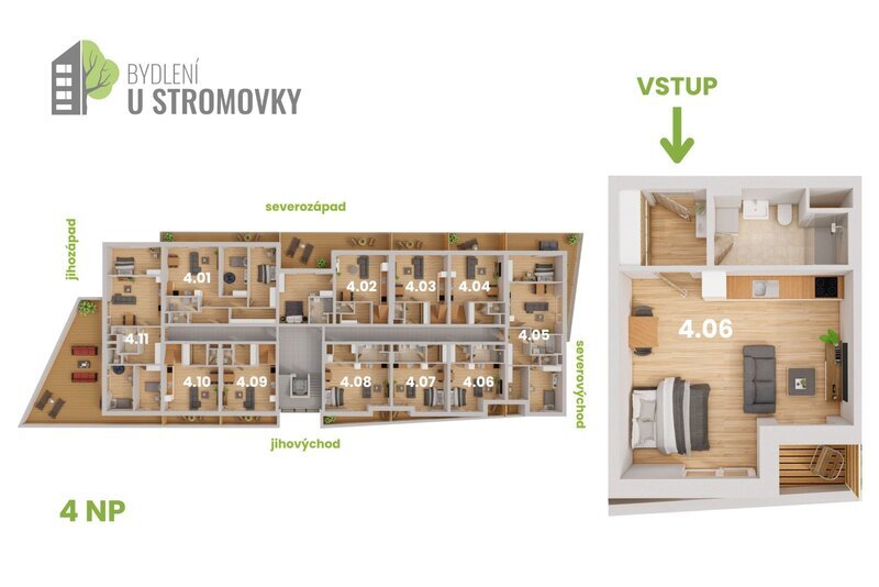BYT 4.06 - dispozice 1+kk, 40 m2, terasa k Č. Budějovicím