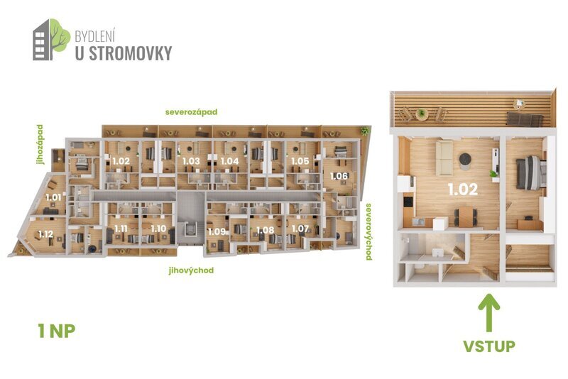 BYT 1.02 - dispozice 2+kk + šatna, 79 m2, balkon směrem ke Stromovce