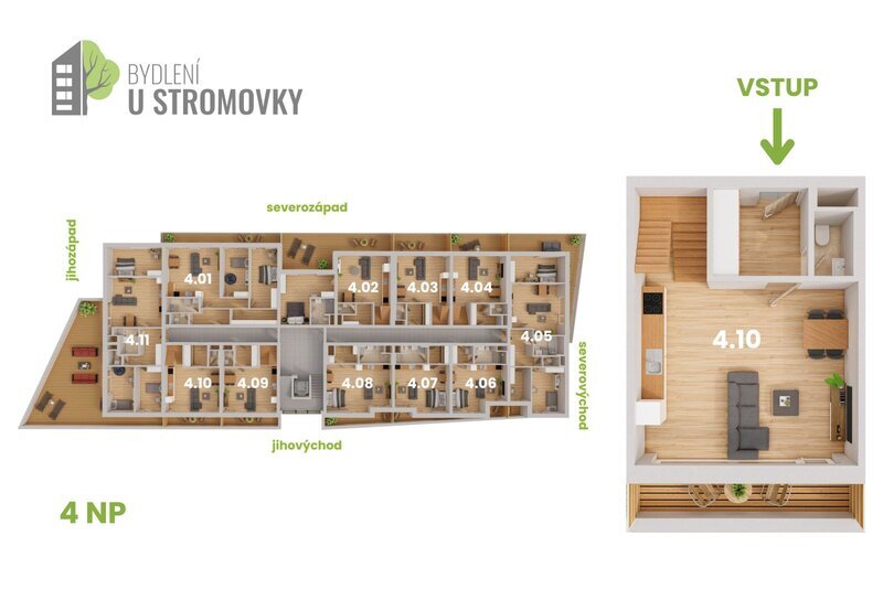 BYT 4.10 - dispozice 4+kk Mezonet, 124 m2, terasa směrem k Č.Budějovicím