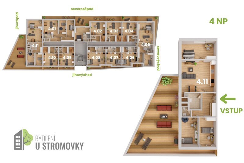 BYT 4.11 - dispozice 4+kk , 181 m2, terasa směrem k zahrádkám a Č.Budějovicím