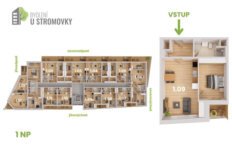 BYT 1.09 - dispozice 2+kk, 54 m2, lodžie směrem k Č. Budějovicím