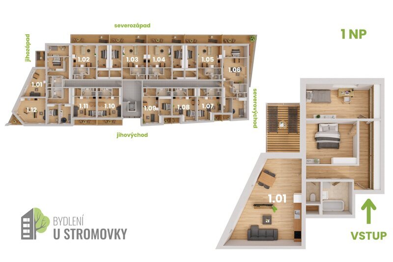 BYT 1.01 - dispozice 3+kk, 90 m2, balkon směrem ke Stromovce a zahrádkám