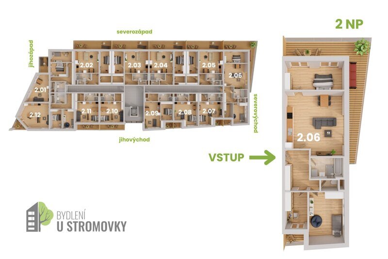 BYT 2.06 - dispozice 3+kk + pracovna, 119 m2, balkon směrem ke Stromovce + lodžie k Č. Budějovicím
