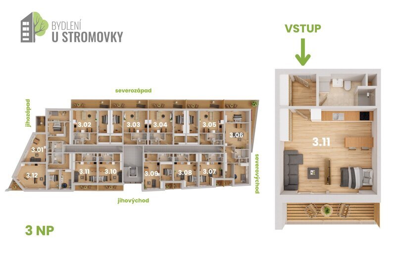 BYT 3.11 - dispozice 1+kk, 49 m2, lodžie směrem k Č. Budějovicím