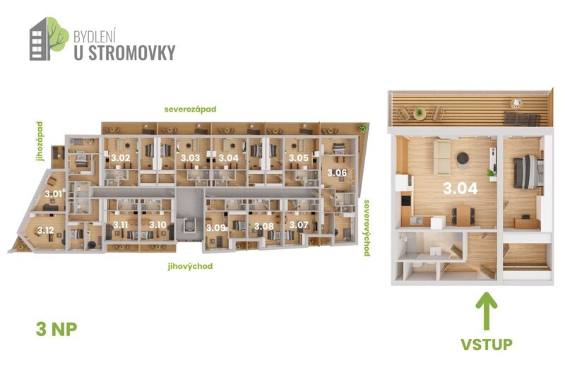 BYT 3.04 - dispozice 2+kk + šatna, 77 m2, balkon směrem ke stromovce