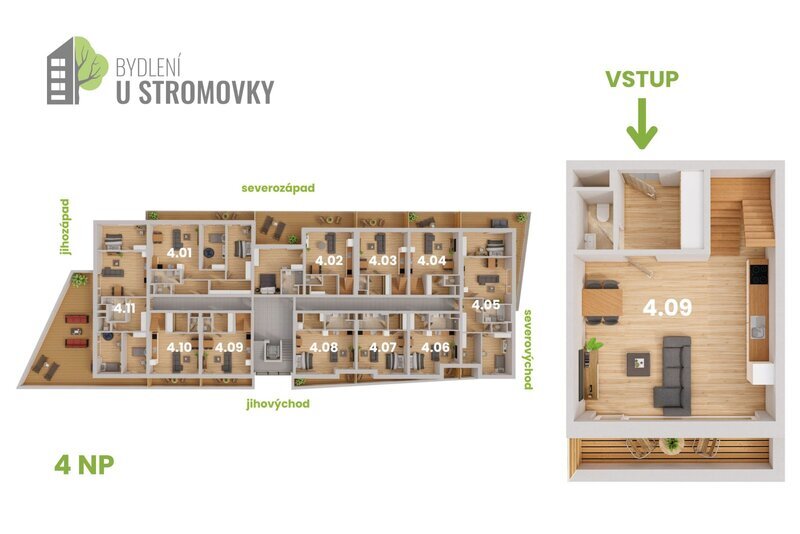 BYT 4.09 - dispozice 3+kk Mezonet, 84 m2, terasa směrem k Č.Budějovicím