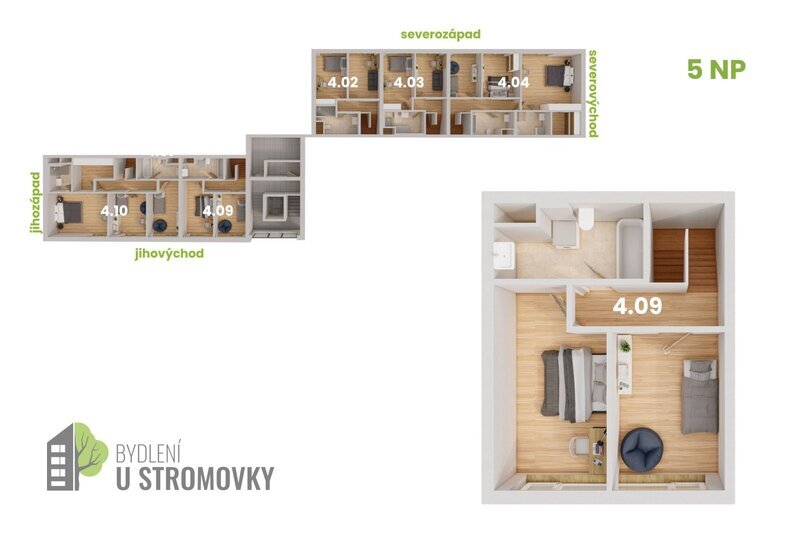 BYT 4.09 - dispozice 3+kk Mezonet, 84 m2, terasa směrem k Č.Budějovicím