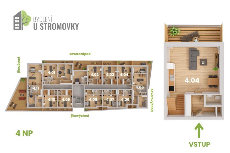 BYT 4.04 - dispozice 4+kk, Mezonet, 133 m2, terasa směrem ke Stromovce