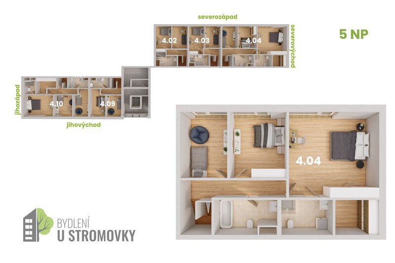 BYT 4.04 - dispozice 4+kk, Mezonet, 135 m2, terasa směrem ke Stromovce