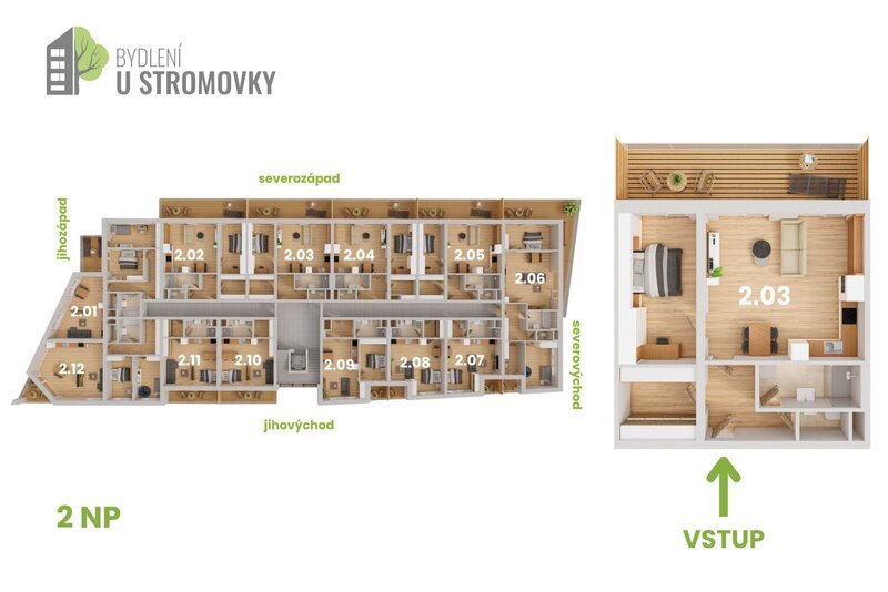 BYT 2.03 - dispozice 2+kk, 77 m2, balkon směrem ke Stromovce