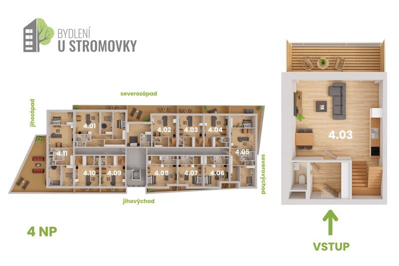 BYT 4.03 - dispozice 3+kk, Mezonet, 90 m2, terasa směrem ke Stromovce