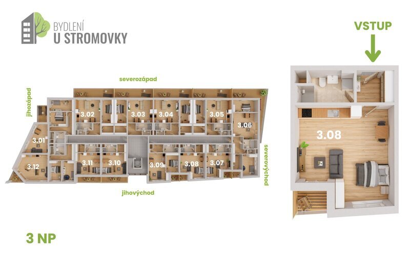 BYT 3.08 - dispozice 1+kk, 45 m2, lodžie směrem k Č. Budějovicím
