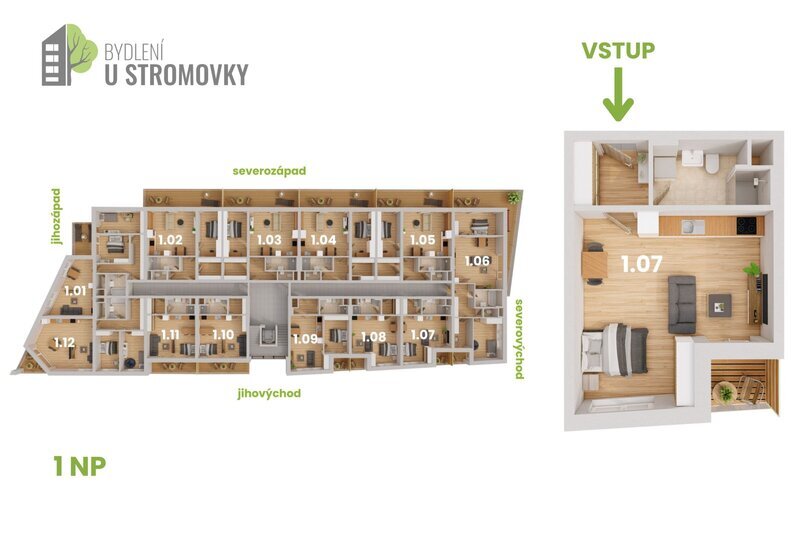 BYT 1.07 - dispozice 1+kk, 43 m2, lodžie směrem k Č. Budějovicím
