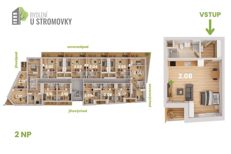 BYT 2.08 - dispozice 1+kk, 45 m2, lodžie směrem k Č. Budějovicím