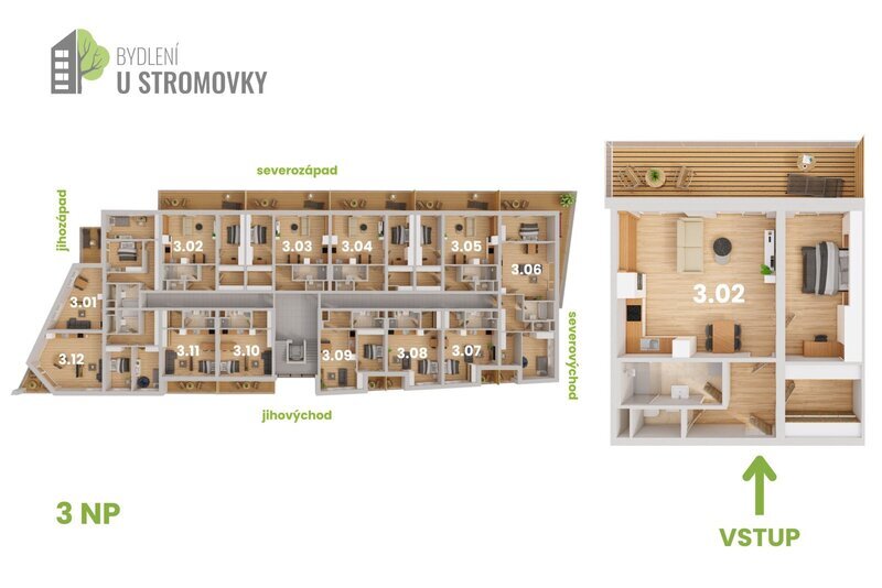 BYT 3.02 - dispozice 2+kk, 79 m2, balkon směrem ke Stromovce